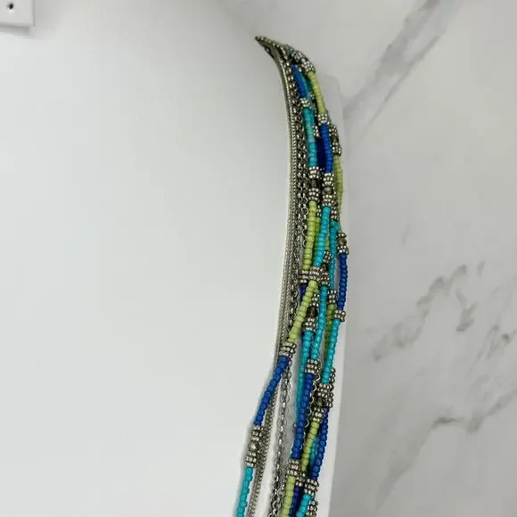 Chico's Multi Strand Seed Bead Necklace Blue Green Silver Tone Long ✨ - Picture 7 of 9